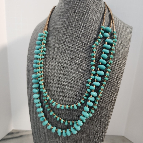 Layered Turquoise Glass Bead Statement Necklace Brass Seed Beads 16–19" - Picture 1 of 8